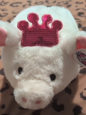 White Plush Pig with Pink Sequin Crown - Kids Accessory